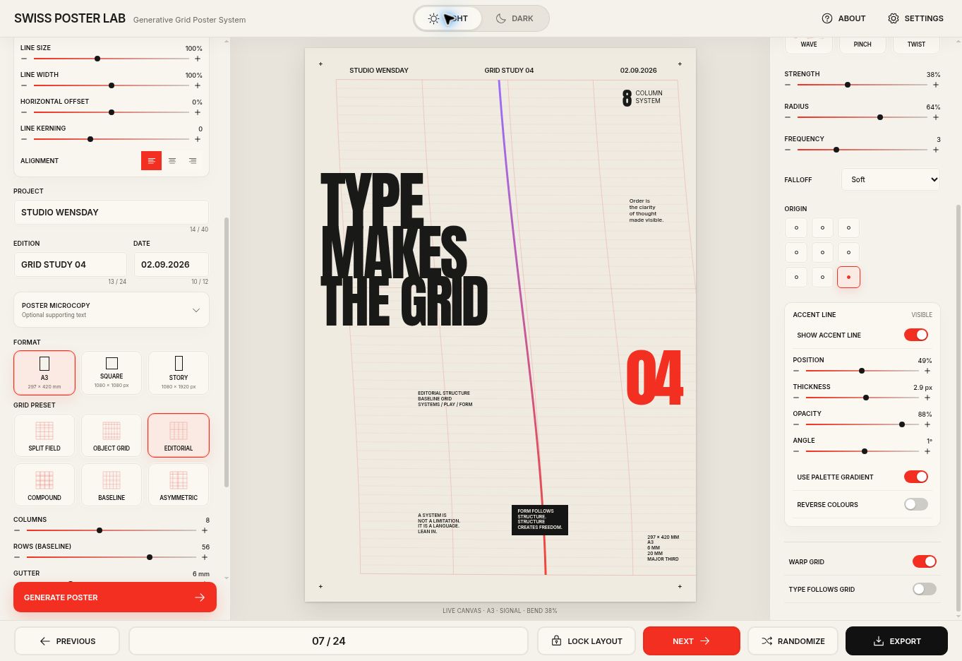 A refined version of the Poster, Please editor with reorganised controls and a redesigned typographic poster canvas.