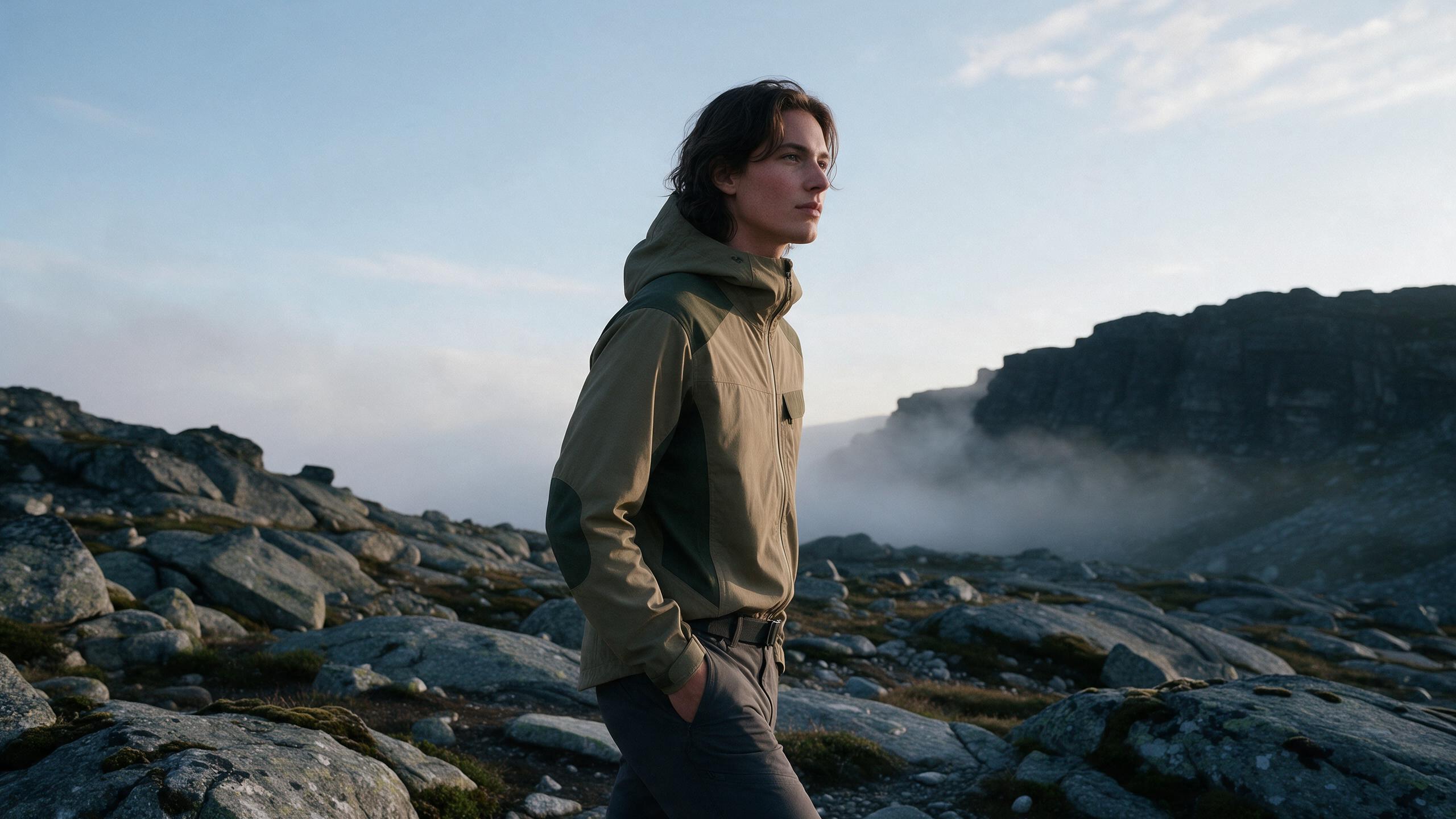 Moraine outerwear in a rocky landscape
